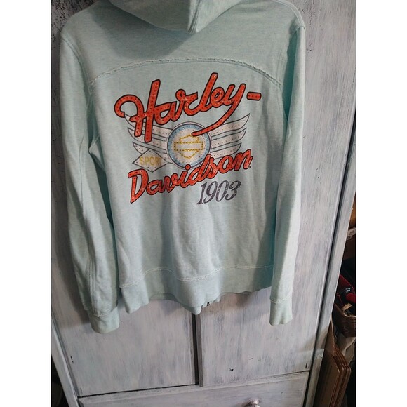 Harley-Davidson Rhinestone Hooded Jacket Blue Medium Motorcycle Y2K - Picture 7 of 15